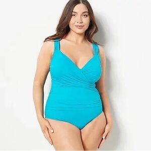 Jantzen Print Surplice Maillot One-Piece Swimsuit - Teal (sz 14)